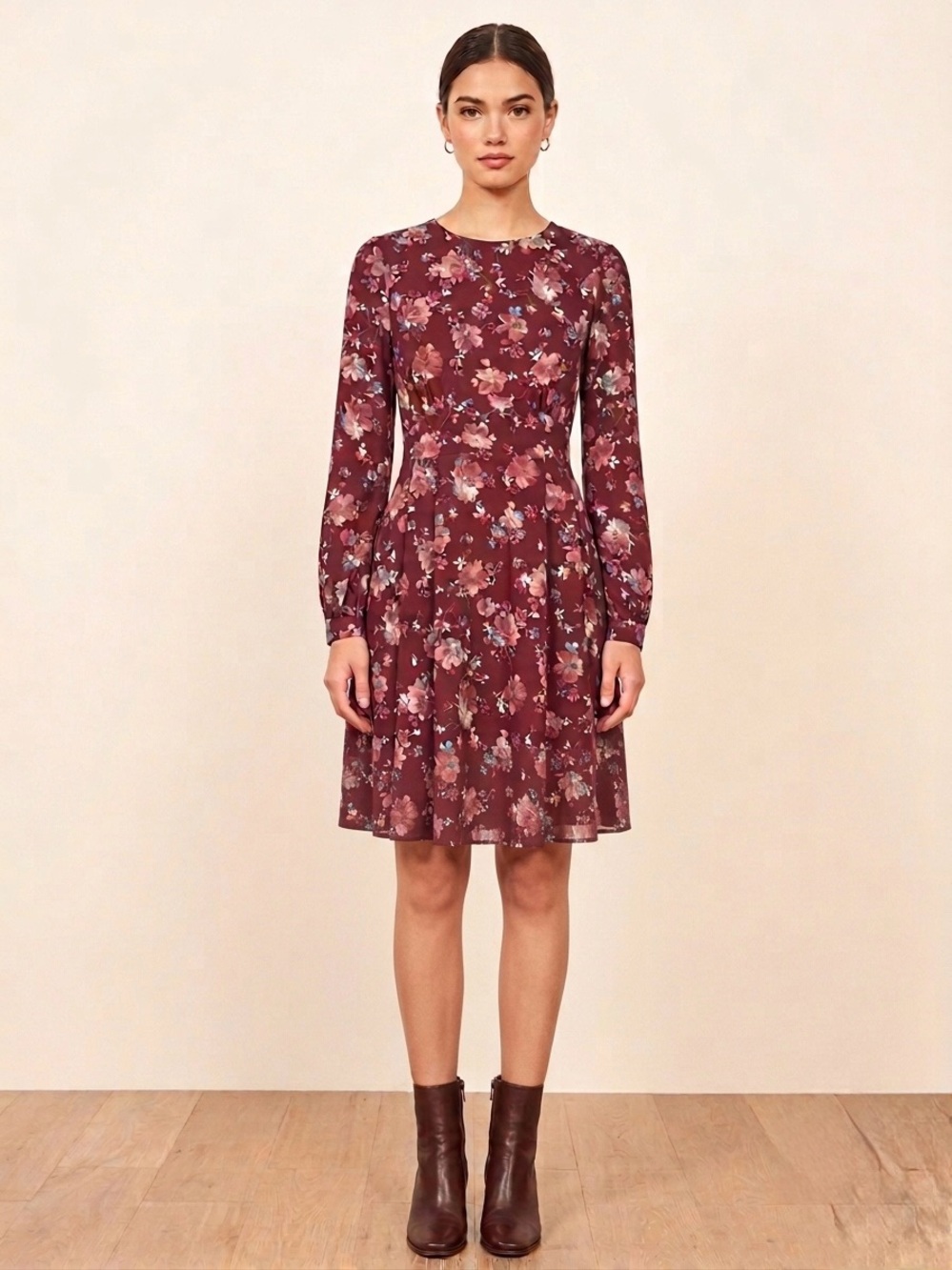 Girl.Is Floral Long Sleeve A-Line Dress in Burgundy and Pink